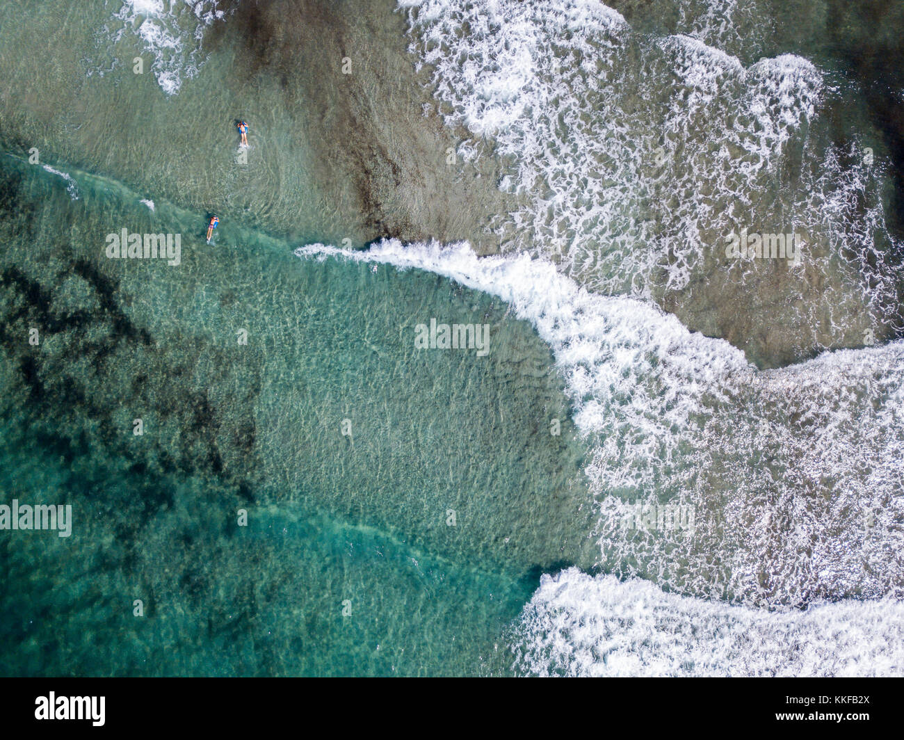 Luftaufnahme der Felsen am Meer. Übersicht des Meeresbodens von oben gesehen, kristallklarem Wasser. Schwimmer, Badegäste auf dem Wasser schwimmen Stockfoto