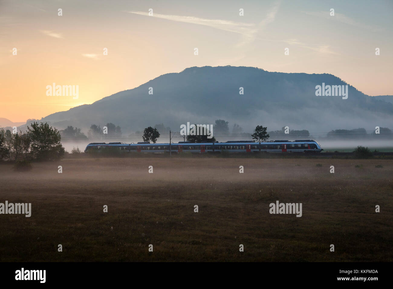 Zug im Morgennebel Stockfoto