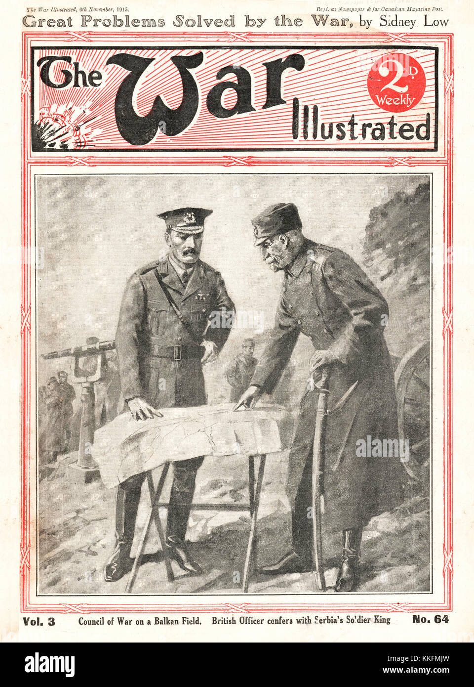 1915 Krieg illustriert König Peter I. von Serbien verleiht mit britischer Offizier Stockfoto