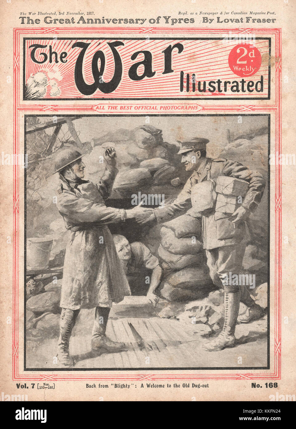 1917 Krieg illustriert britischer Offizier kehrt in den Schützengräben nach Verlassen in England Stockfoto