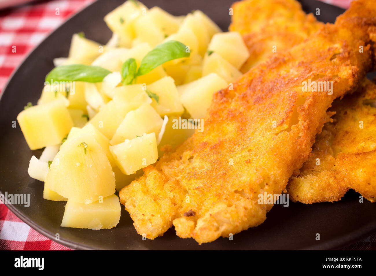 Gebratener Fisch und Kartoffelsalat in der Platte Stockfoto