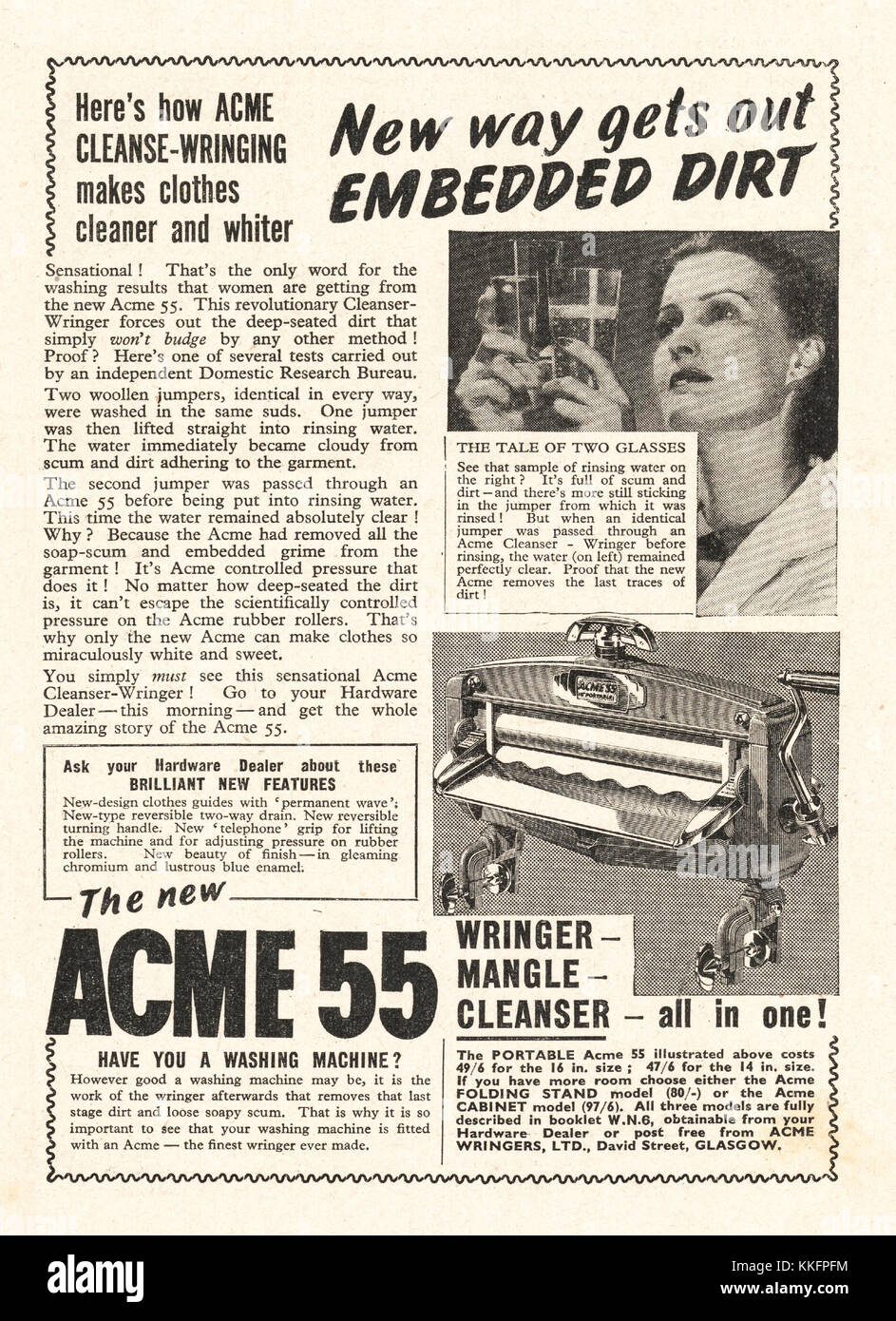 1939 UK Magazin ACME Fünfundfünfzig Wringer mangle -Anzeige Stockfoto