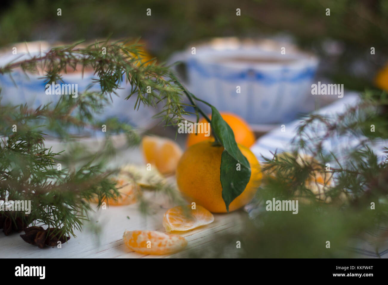 Gutes neues Jahr Geist. Mandarin auf einem Hintergrund von Tassen mit Tee und Tannenzweigen. Stockfoto