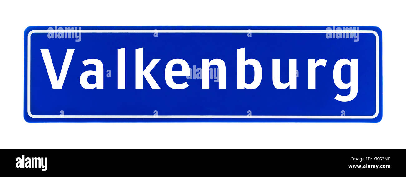 Stadt Zeichen von Valkenburg, Niederlande isoliert auf weißem Hintergrund Stockfoto