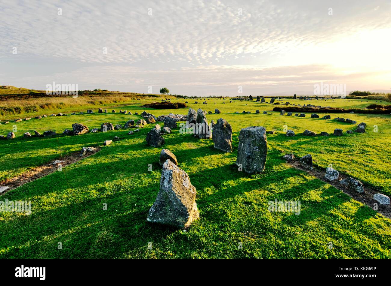 Beaghmore prähistorischen Steinkreise in Sperrin Mountains, Co Tyrone, Irland, Datum von zwischen 2000 und 1200 v. Chr. Abendlicht. Stockfoto