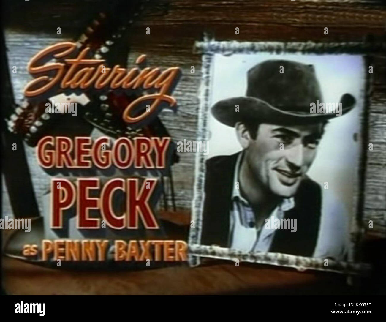 Dieser Werbetrailer für den Film „The Jearling“ zeigt Gregory Peck in seiner Rolle und zeigt seine Darstellung eines Vaters, der die Herausforderungen der Erziehung eines Kindes in einer ländlichen Umgebung meistern muss. Der Film basiert auf dem Roman von Marjorie Kinnan Rawlings. Stockfoto