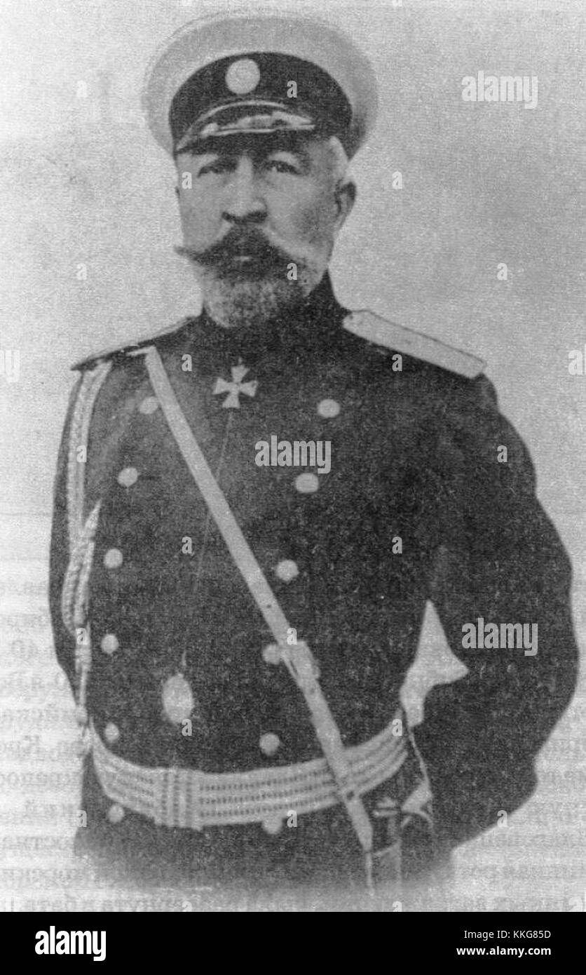 Das Bild von General Kasbek in Wladiwostok, 1905, spiegelt einen Schlüsselmoment der russischen Militärgeschichte wider. General Kasbek war während einer Zeit der Unruhen in Russland an militärischen Aktionen beteiligt, insbesondere im Zusammenhang mit dem Russisch-Japanischen Krieg. Stockfoto