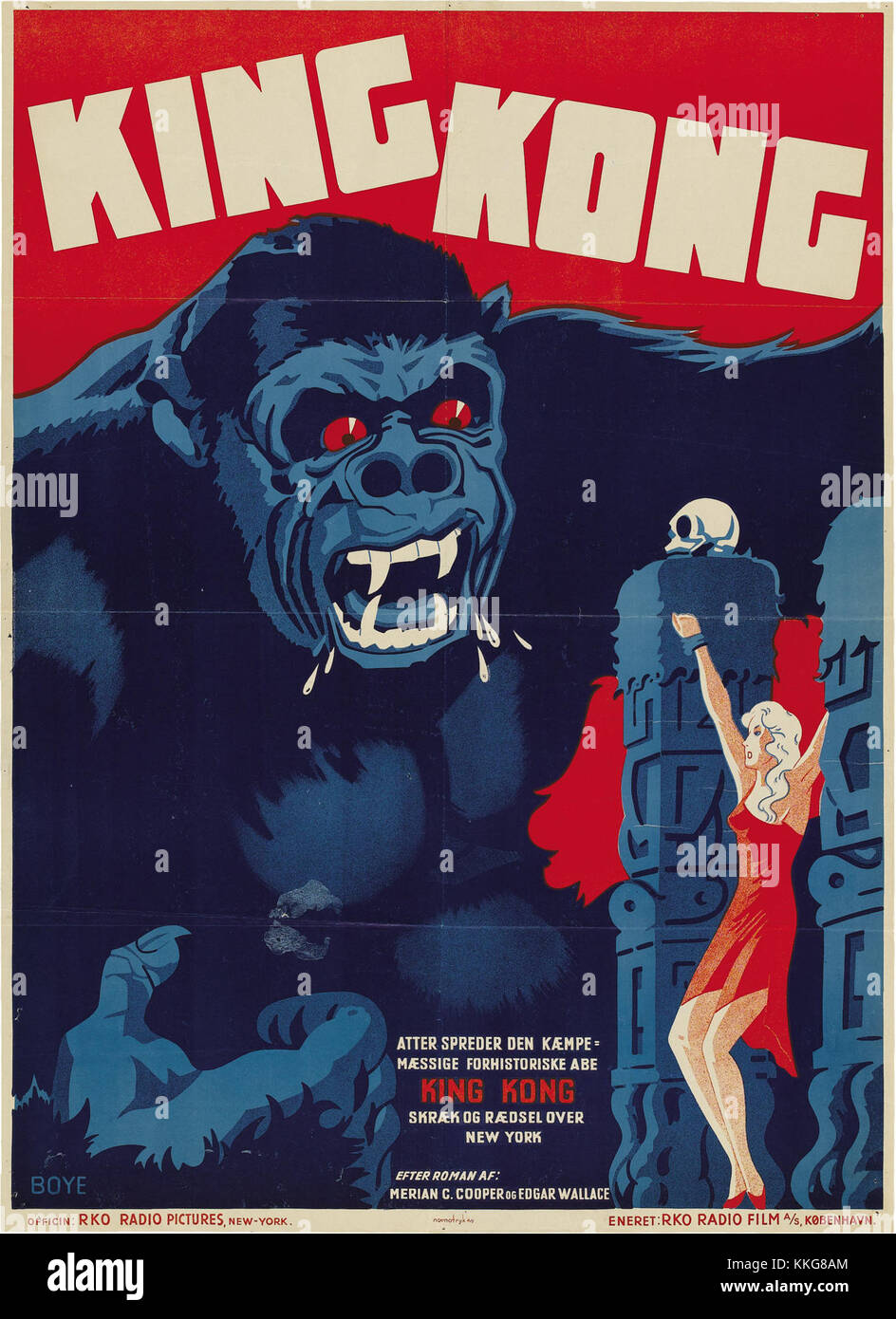 Dieses dänische Filmplakat aus dem Film *King Kong* aus dem Jahr 1933 zeigt Kunstwerke, die für den legendären Monsterfilm werben. Der Film war eine bahnbrechende Leistung in Sachen visuelle Effekte. Stockfoto