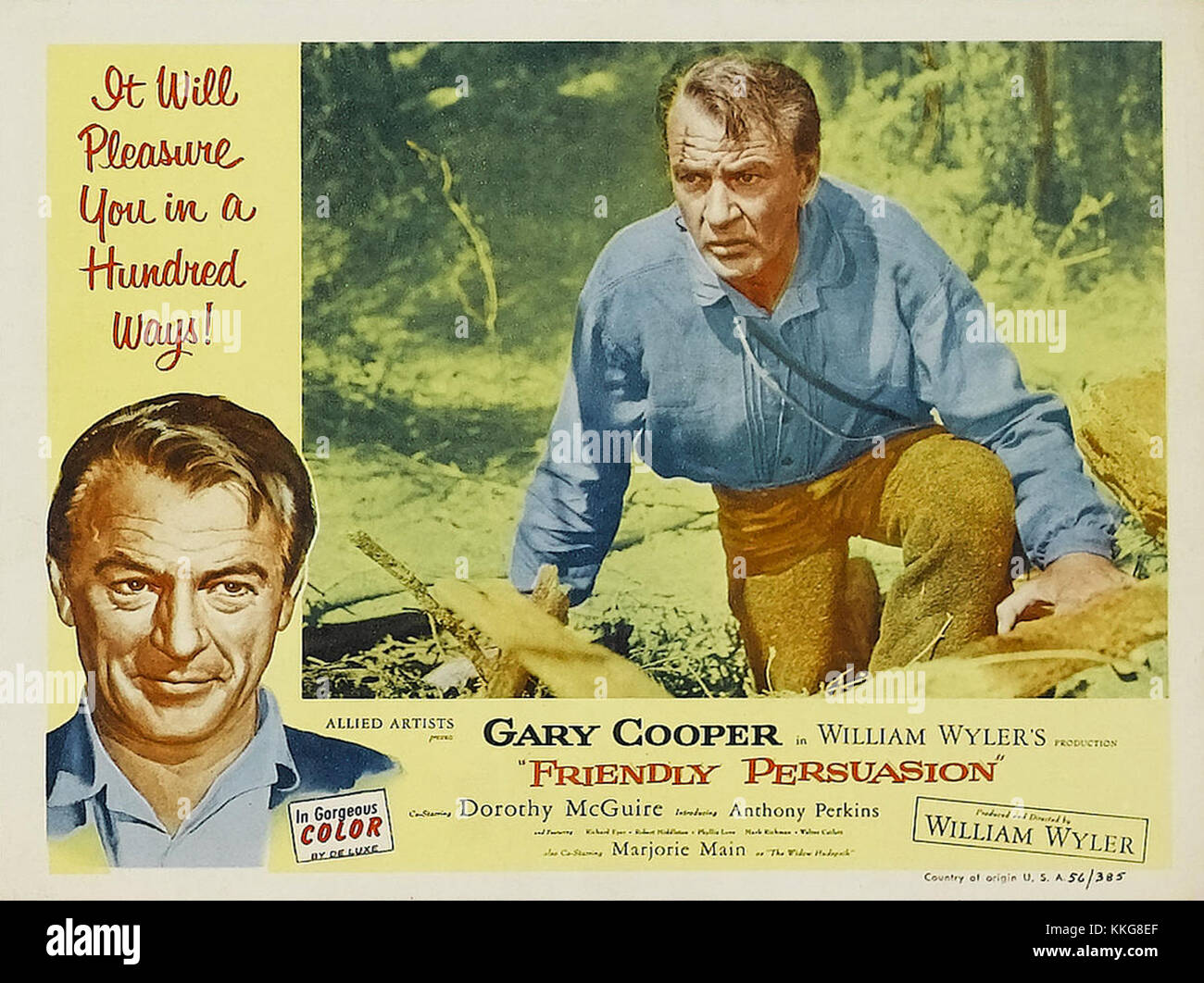 Friendly Persuasion ist ein US-amerikanisches Filmposter aus dem Jahr 1956, das die Hauptdarsteller und Hauptthemen des Films zeigt. Der Film spielt während des Bürgerkriegs und beschäftigt sich mit Themen wie Familie, Loyalität und moralische Dilemmas. Stockfoto