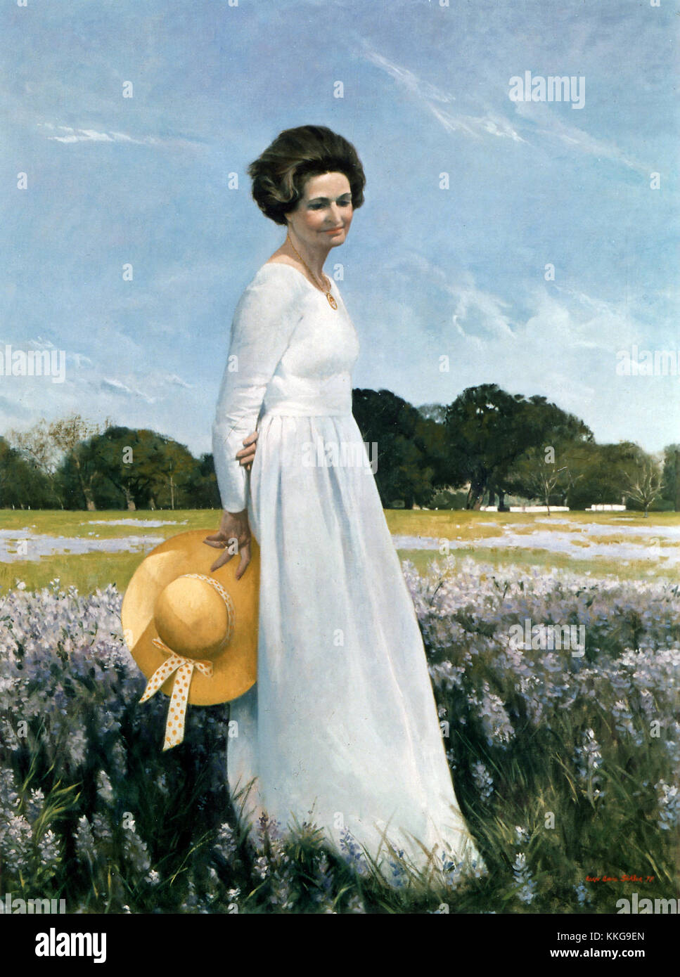 Ein Porträt von Lady Bird Johnson, gemalt von der Künstlerin Shikler im Jahr 1978, zeigt die ehemalige First Lady der Vereinigten Staaten. Das Gemälde fängt ihre würdevolle Präsenz und ihren Beitrag zur amerikanischen Gesellschaft ein. Stockfoto