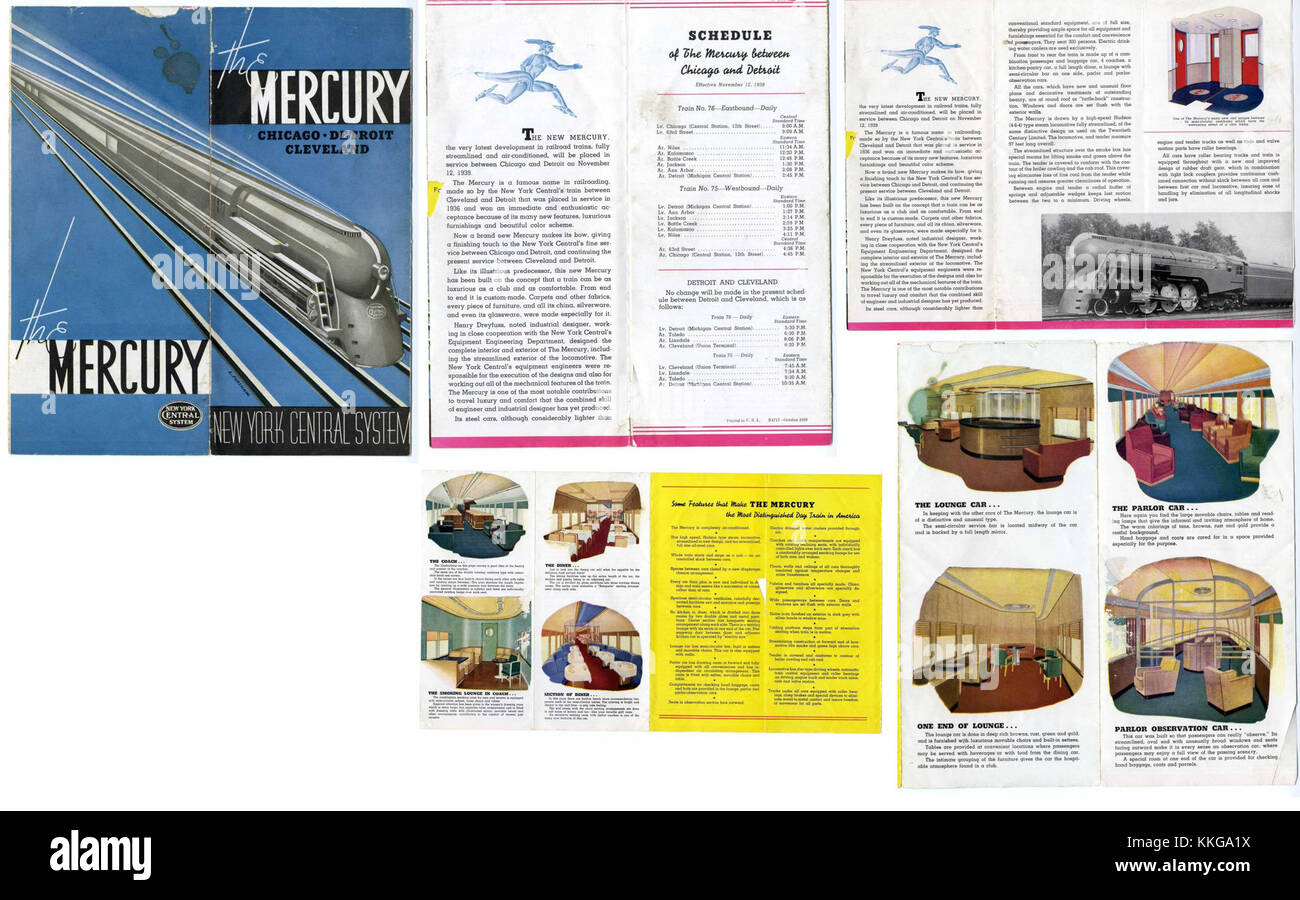 Die Mercury-Broschüre 1939 bietet einen Einblick in die Fahrzeugmodelle und -Funktionen, die in diesem Jahr verfügbar sind. Es spiegelt die Designtrends, technologischen Fortschritte und die Automobilkultur der späten 1930er Jahre wider Stockfoto