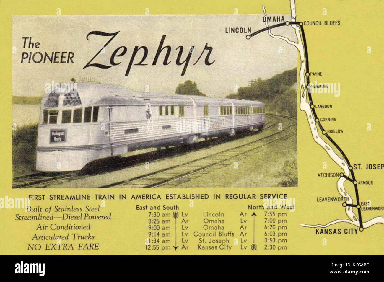 Der Pioneer Zephyr war ein berühmter amerikanischer, stromlinienförmiger Personenzug, der für seine Geschwindigkeit und sein modernes Design bekannt ist. Diese Postkarte zeigt die Strecke, die der Zug während seiner Fahrt in den 1930er Jahren genommen hat, und zeigt die Schönheit der amerikanischen Landschaft. Stockfoto