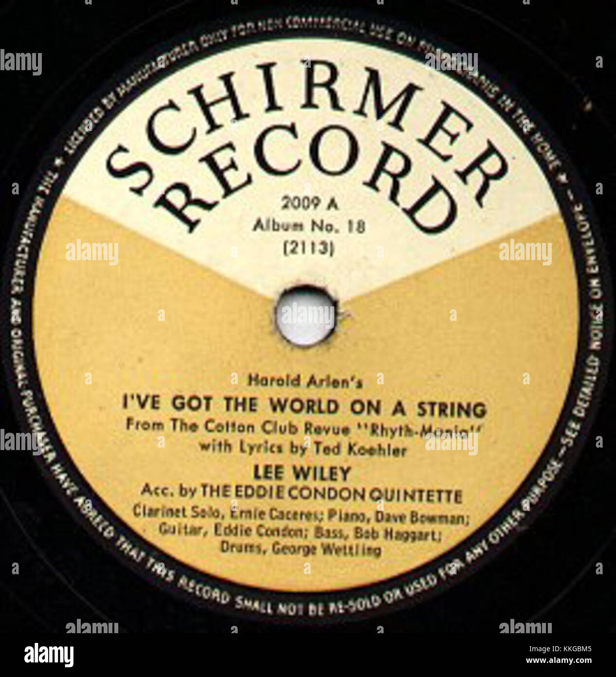 Bild mit dem Titel „Schirmer Record“, das eine Schallplatte mit dem Label „Schirmer“ darstellt, die Musik und die Geschichte der Aufnahmen symbolisiert. Stockfoto