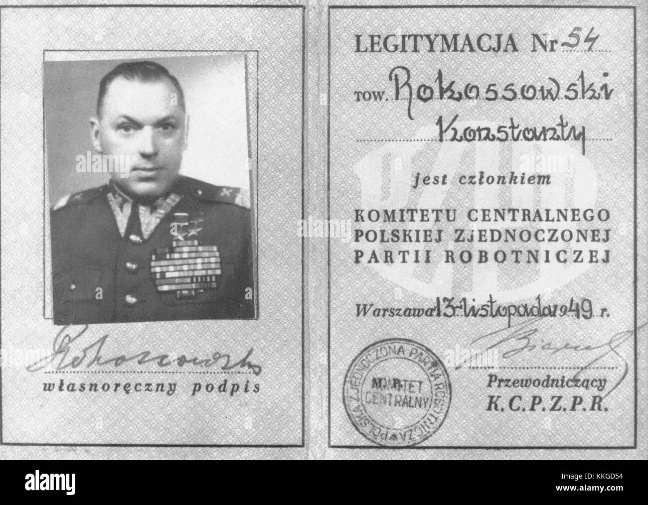 Rokossowski bezieht sich auf Konstantin Rokossowski, einen sowjetischen Militärführer. Der Begriff "legPZPR" bezieht sich wahrscheinlich auf seine Verbindung mit der Polnischen Vereinigten Arbeiterpartei (PZPR). Dieser historische Bezug konzentriert sich auf seine politische und militärische Rolle in der Mitte des 20. Jahrhunderts. Stockfoto
