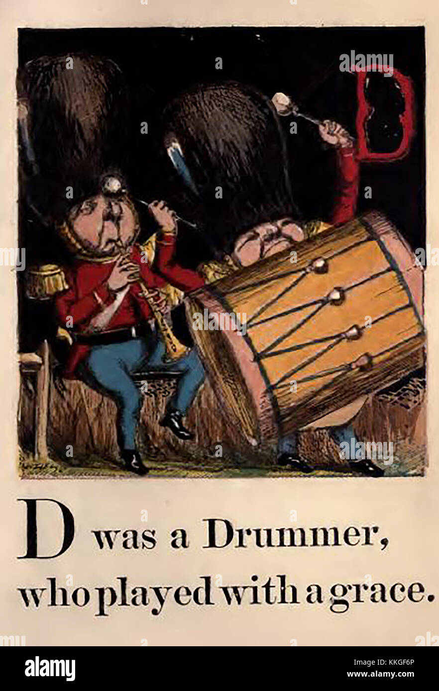 In einem historischen viktorianischen farbige Kinder ABC-Buch Abbildung.-D ist für Drummer mit militärischen Kapellenmitglieder tragen Bärenfellmütze Hüte und Spielen eines Drum und Klarinette Stockfoto