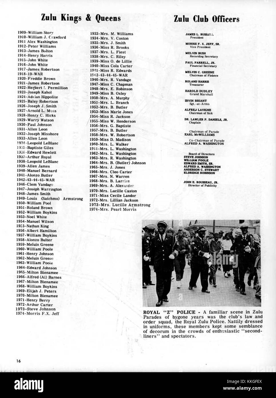 Dies bezieht sich auf den Zulu Social Aid & Pleasure Club, eine der ältesten afroamerikanischen Mardi Gras-Organisationen in New Orleans. Das Special 1974 erinnert wahrscheinlich an ihre Teilnahme am Mardi Gras-fest, bekannt für ihre einzigartigen und festlichen Wagen, Kostüme und Gemeinschaftsgeist. Stockfoto