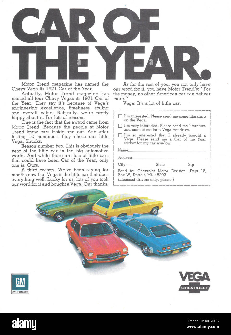In dieser Werbung aus dem Jahr 1971 wird der Vega-Wagen vorgestellt, der in seiner jeweiligen Kategorie mit dem Titel „Auto des Jahres“ ausgezeichnet wurde. Der Werbespot hebt die Merkmale des Fahrzeugs hervor und spricht den damaligen Automobilmarkt an. Stockfoto