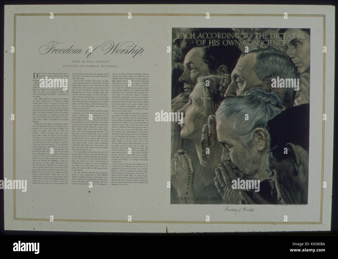 Ein historisches Dokument aus NARA, das die Bedeutung der Religionsfreiheit in der amerikanischen Geschichte und ihre verfassungsmäßige Bedeutung beschreibt. Stockfoto