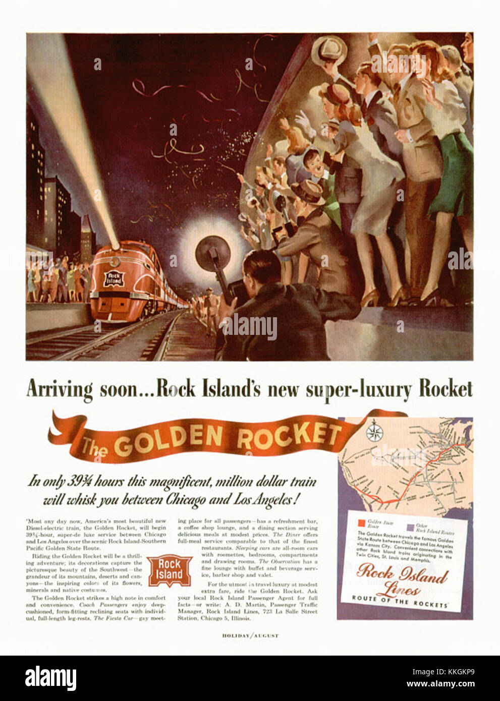 Die Golden Rocket Ad ist eine Vintage-Werbung, die für ihren historischen Einfluss auf das Marketing bekannt ist. Es steht für eine Ära der Werbetechniken und kulturellen Bedeutung in der Handelsgeschichte. Stockfoto
