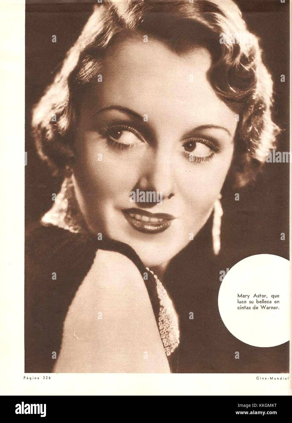 Eine Werbeanzeige mit Mary Astor, einer berühmten Hollywood-Schauspielerin, für ein argentinisches Magazin. Es unterstreicht ihre Popularität im goldenen Zeitalter des Kinos. Stockfoto