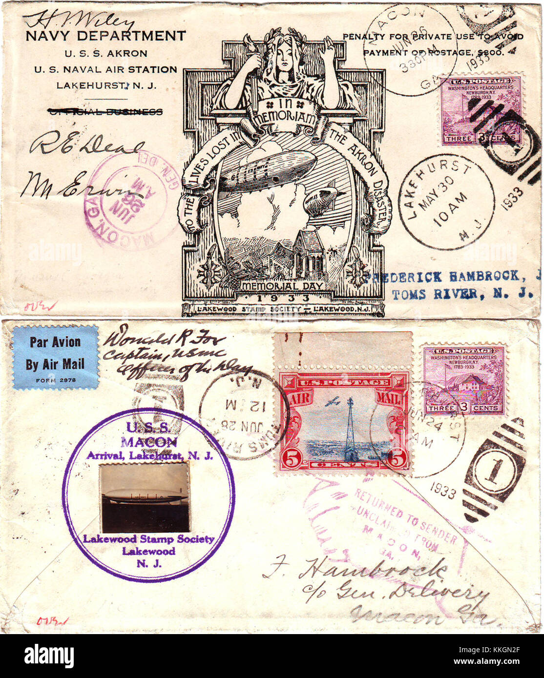 Die ZRS-4 USS Akron Memorial Cover aus dem Jahr 1933 erinnert an den tragischen Verlust der USS Akron, einem Luftschiff der US Navy, das im Atlantik abstürzte. Stockfoto