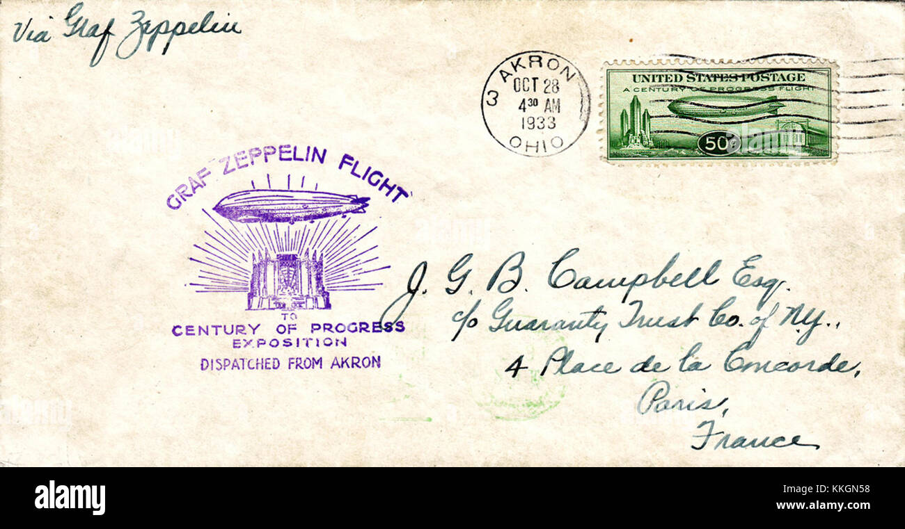 Das Century of Progress Graf Zeppelin Flight Cover ist ein Erinnerungsstück für einen historischen Flug des Grafen Zeppelin während der Century of Progress Exposition. Sie spiegelt die Fortschritte der damaligen Zeit in der Luftfahrt wider. Stockfoto