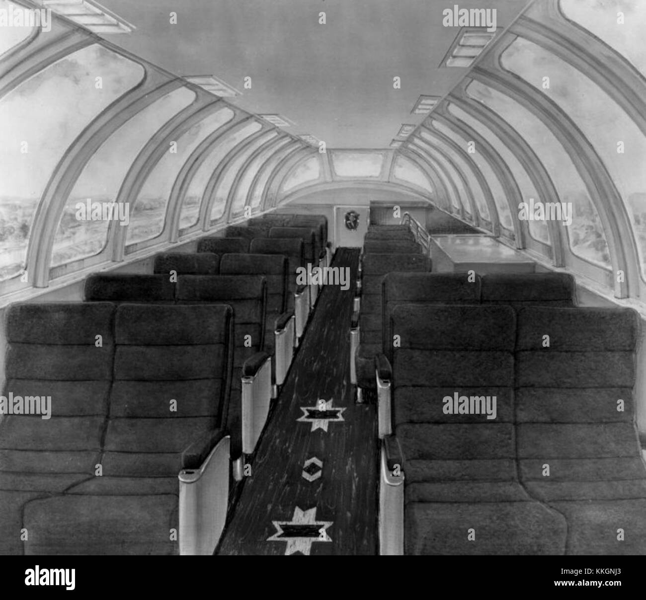Eine Illustration der Milwaukee Road mit all-Dome-Wagen, einem Luxuszugwagen, der für seine Panoramafenster und das ikonische Design bekannt ist und Mitte des 20. Jahrhunderts für malerische Reisen genutzt wurde. Stockfoto