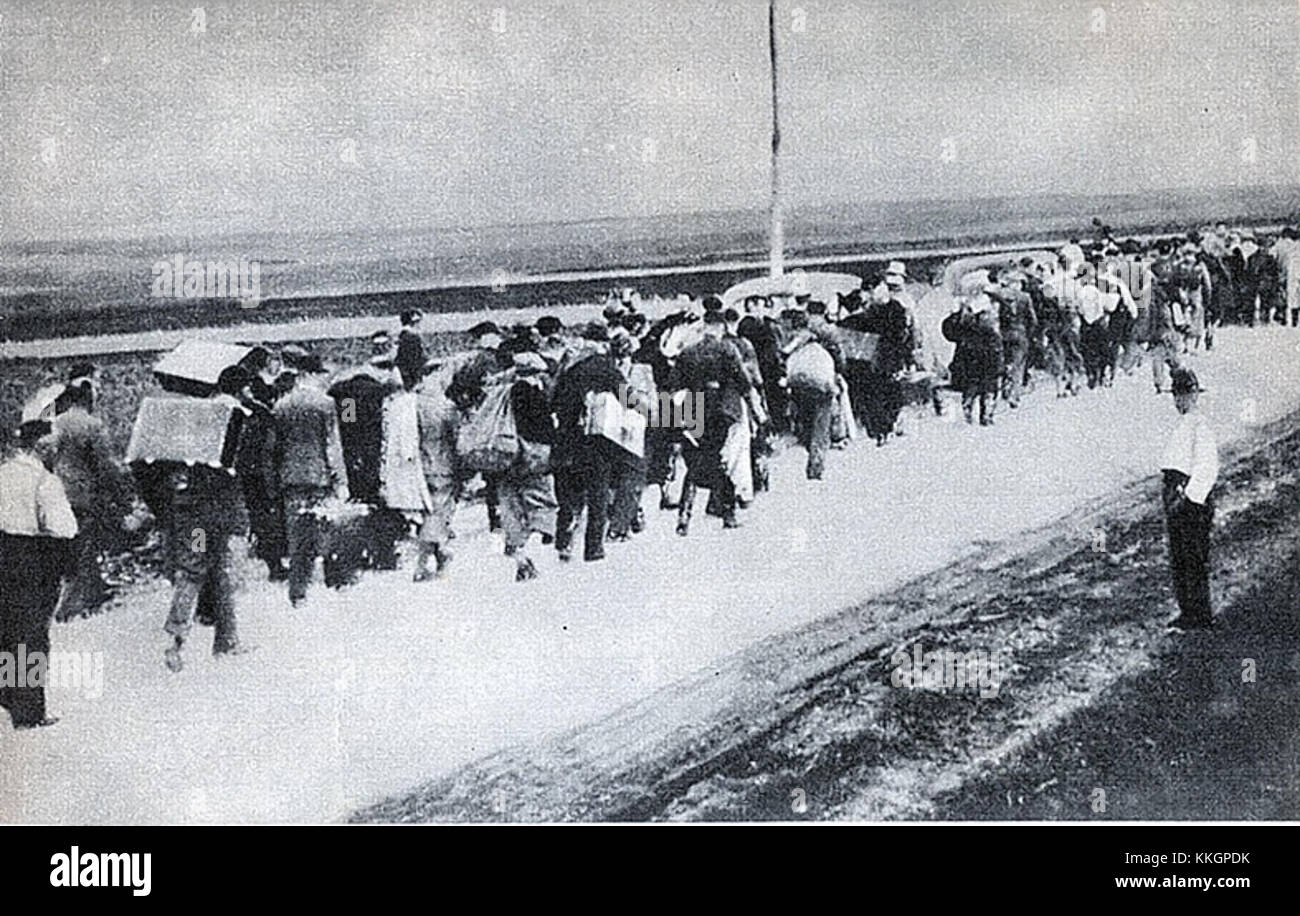 Im September 1939, als der zweite Weltkrieg begann, versuchten viele polnische Zivilisten, den vorrückenden deutschen Truppen zu entkommen. Dieses Bild zeigt wahrscheinlich diejenigen, die während dieser turbulenten Periode der polnischen Geschichte auf der Flucht waren. Stockfoto