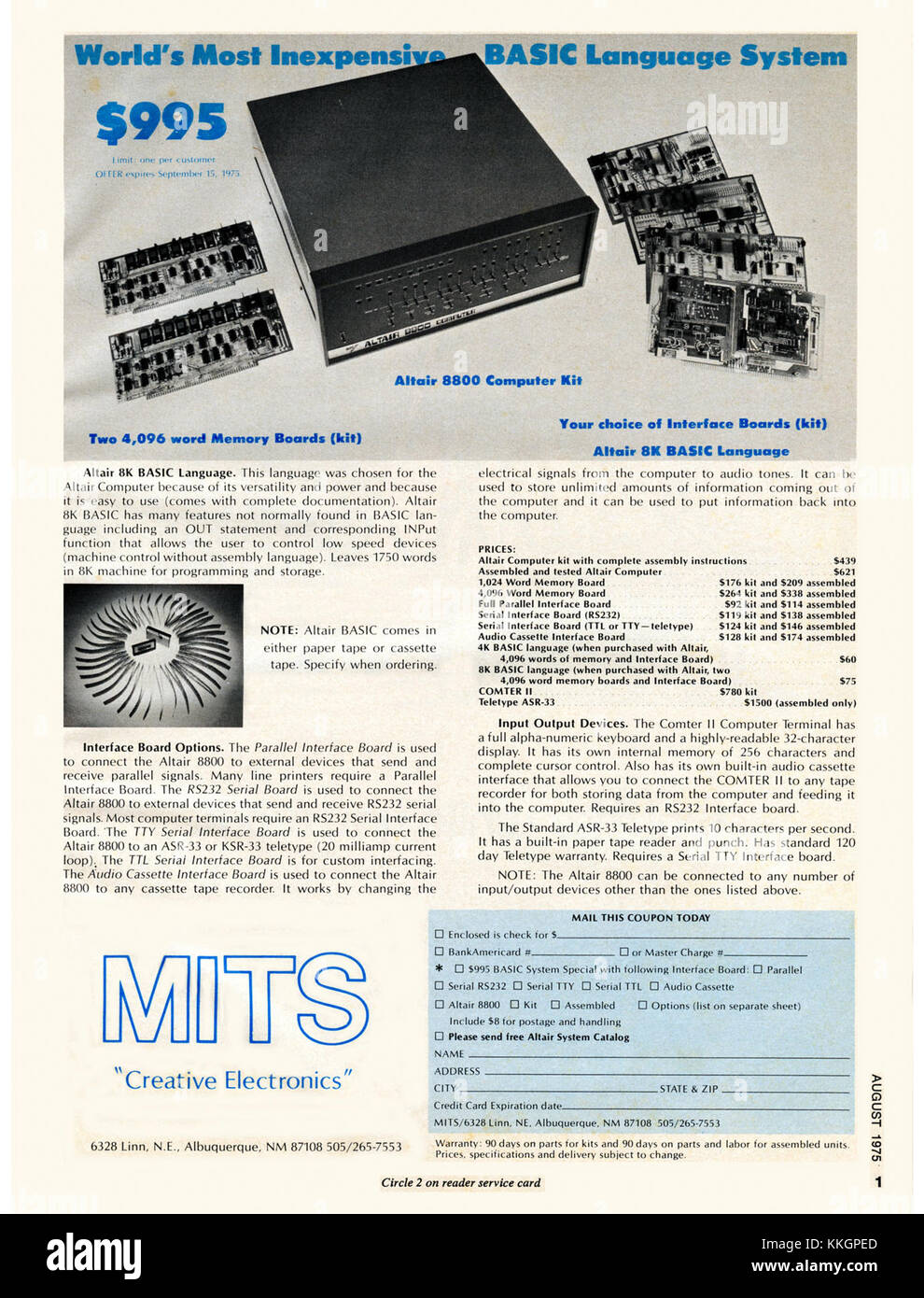 Werbung für Altair Computer vom August 1975. Altair, ein Pionierunternehmen in der frühen PC-Industrie, spielte eine wichtige Rolle bei der Entwicklung von Mikrocomputern und der Tech-Industrie. Stockfoto