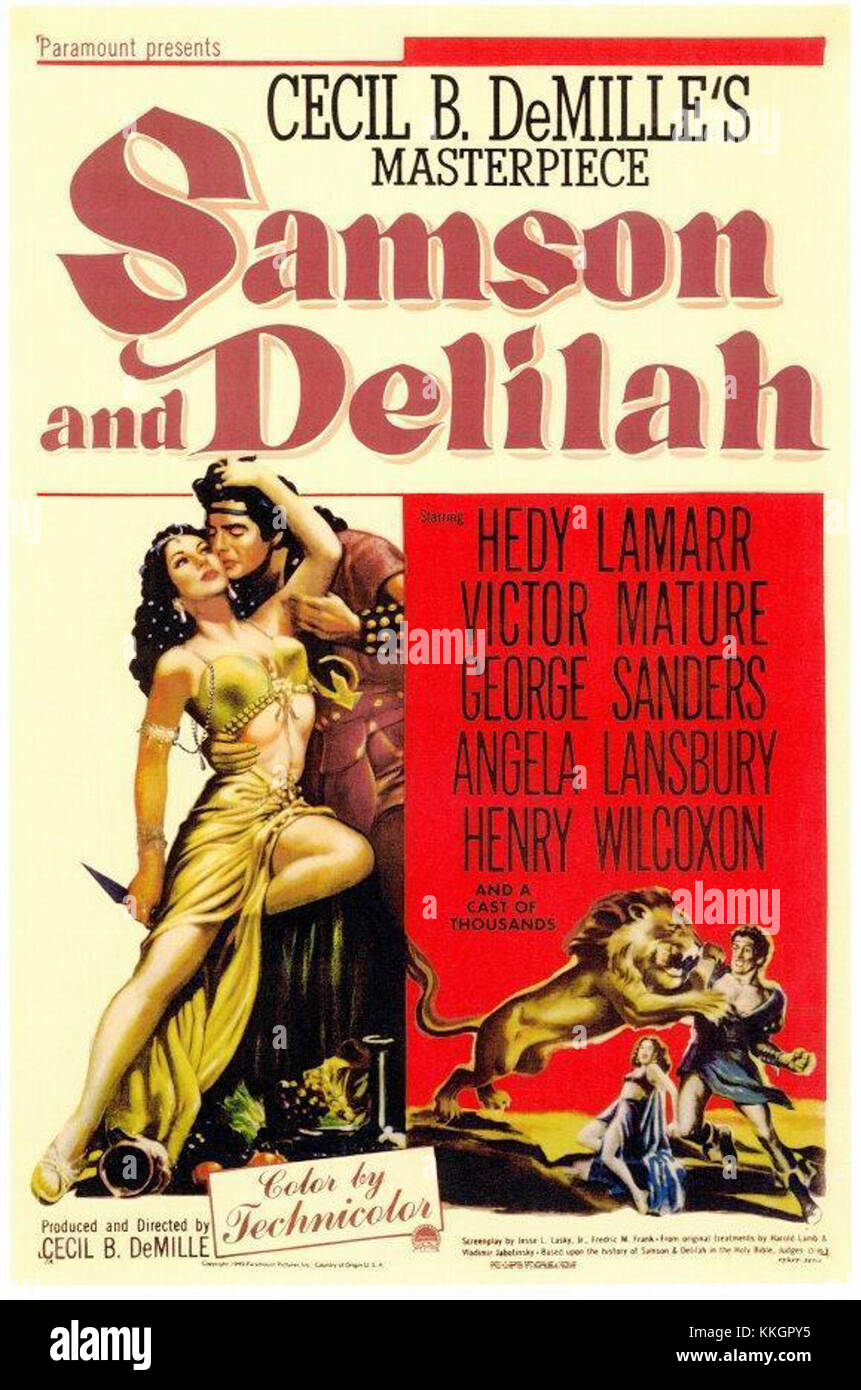 Das Poster von 1949 für „Samson und Delilah“ zeigt die klassische biblische Geschichte von Stärke und Verrat. Der Film unter der Regie von Cecil B. DeMille war eine bedeutende Hollywood-Produktion während des Goldenen Zeitalters des Kinos, in der dramatische Szenen aus dem Alten Testament gezeigt wurden. Stockfoto