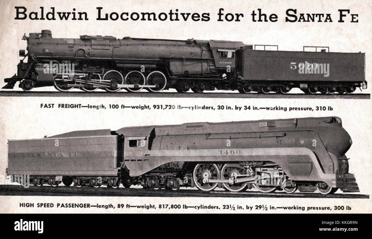 Dieses Bild zeigt die Santa Fe Baldwin Dampflokomotiven aus dem Jahr 1937, ein bedeutender Teil der amerikanischen Eisenbahngeschichte. Diese Lokomotiven wurden im Verkehr eingesetzt und spielten eine Schlüsselrolle beim Ausbau der Schienennetze. Stockfoto