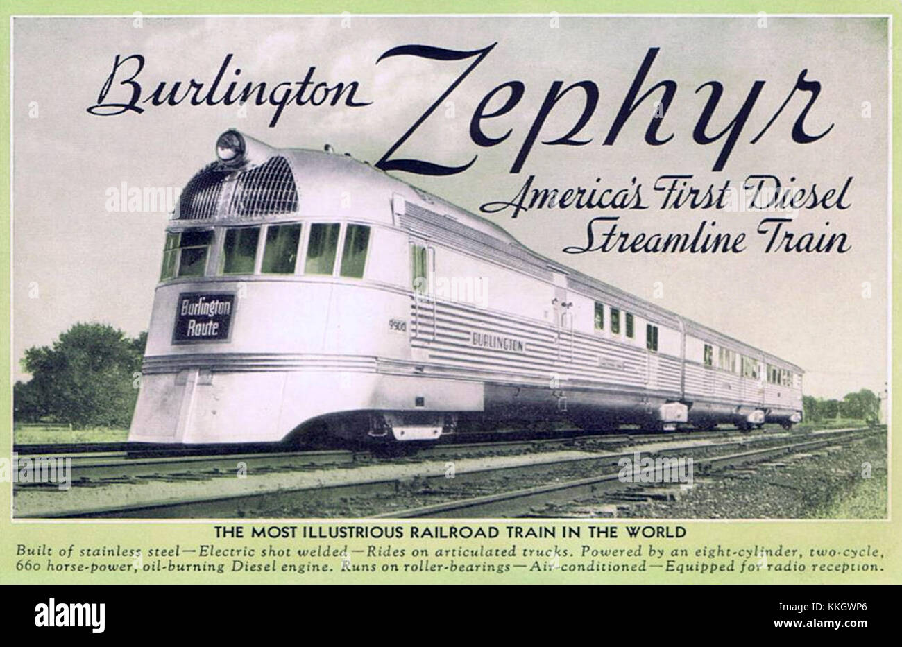 Der Pioneer Zephyr war ein berühmter stromlinienförmiger Personenzug, der in den 1930er Jahren in den Vereinigten Staaten verkehrte Bekannt für sein schlankes Design und technologische Innovationen, war es ein Symbol für modernes Reisen. Diese Postkarte erfasst das Wesen des Pioneer Zephyr, wie es während seines Dienstes war, und stellt ein bedeutendes Kapitel in der Geschichte der amerikanischen Eisenbahn dar. Stockfoto
