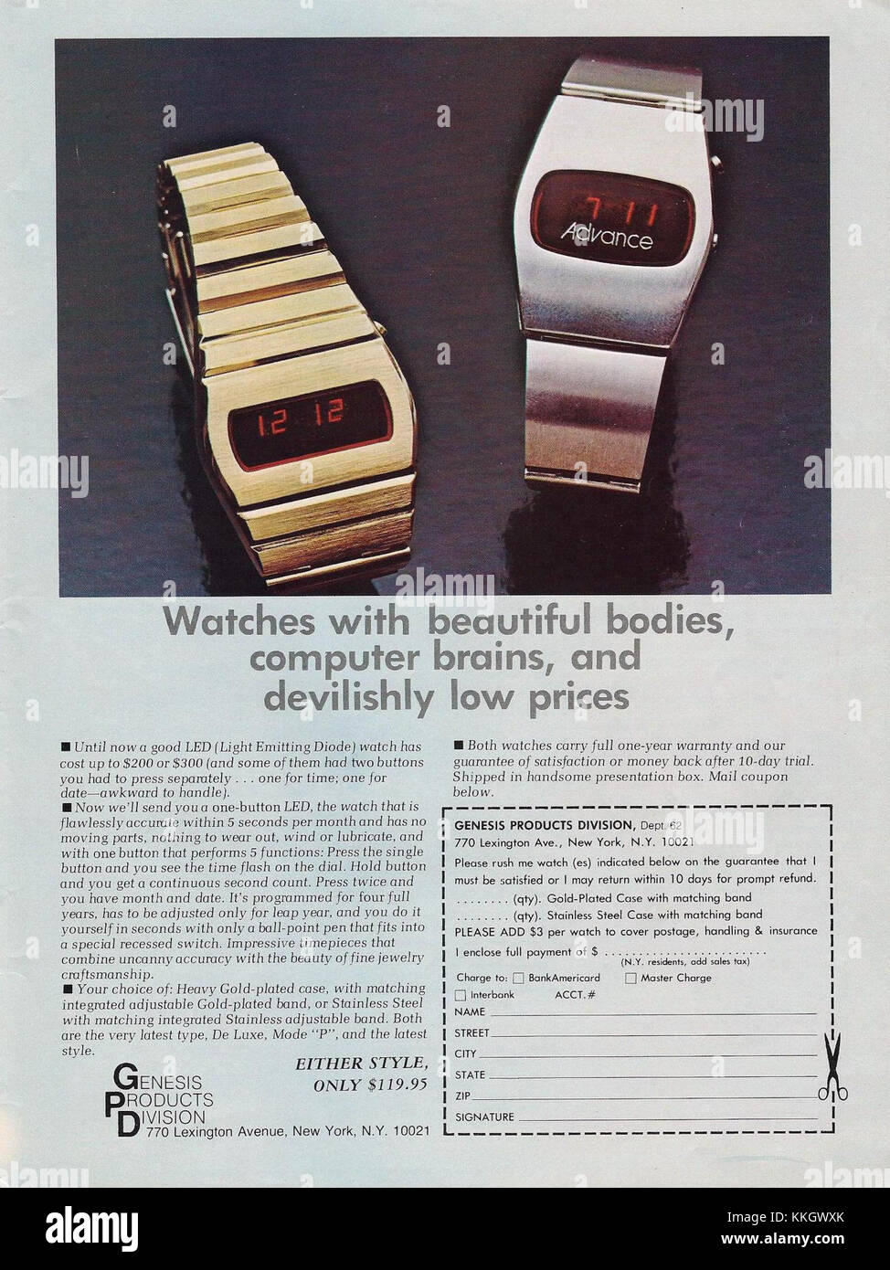 70er Jahre Werbung für Vintage elektronische LED Uhren mit roten Ziffern,  von Genesis Products Division, Genesis Magazine (10537307225  Stockfotografie - Alamy