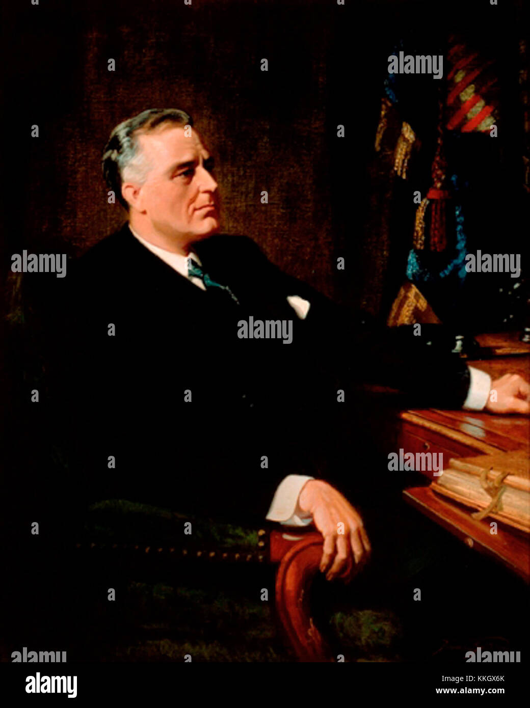 Dieses präsidiale Porträt von Franklin D. Roosevelt fängt das Bild des 32. Präsidenten der Vereinigten Staaten ein, der für seine Führung während der Großen Depression und des Zweiten Weltkriegs bekannt war Stockfoto