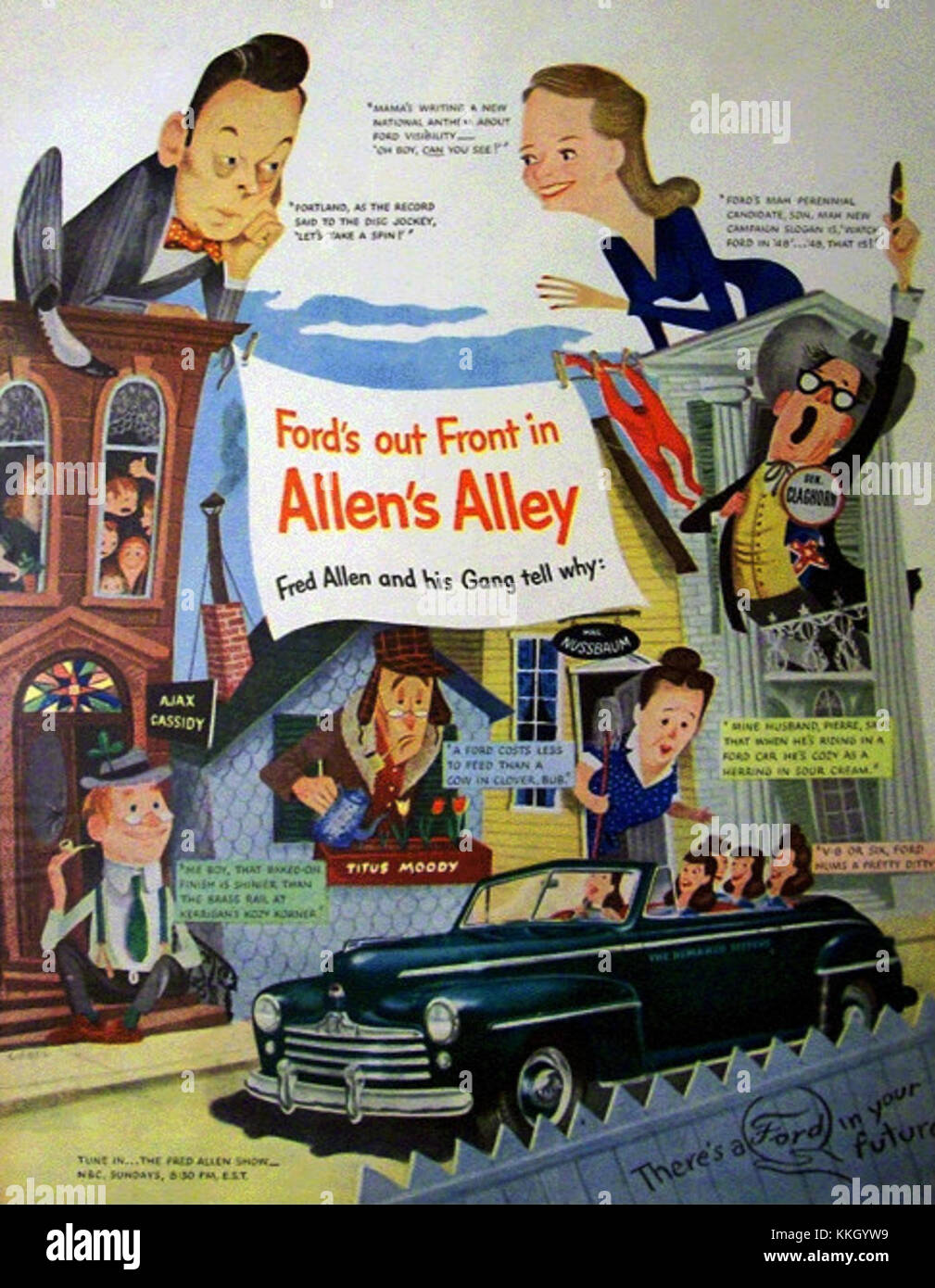Diese Werbung aus dem Jahr 1948 wirbt für das Modell Ford Allens Alley und hebt seine Merkmale und Leistung hervor und zeigt das Design und die technologischen Innovationen der Nachkriegszeit. Stockfoto