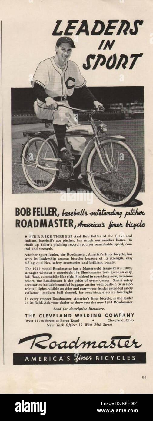 Diese Werbung für Feller Bicycles aus dem Jahr 1941 hebt die Beliebtheit von Fahrrädern im frühen 20. Jahrhundert hervor und betont Design und Funktionalität. Sie zeigt die Attraktivität der Marke auf dem Fahrradmarkt. Stockfoto