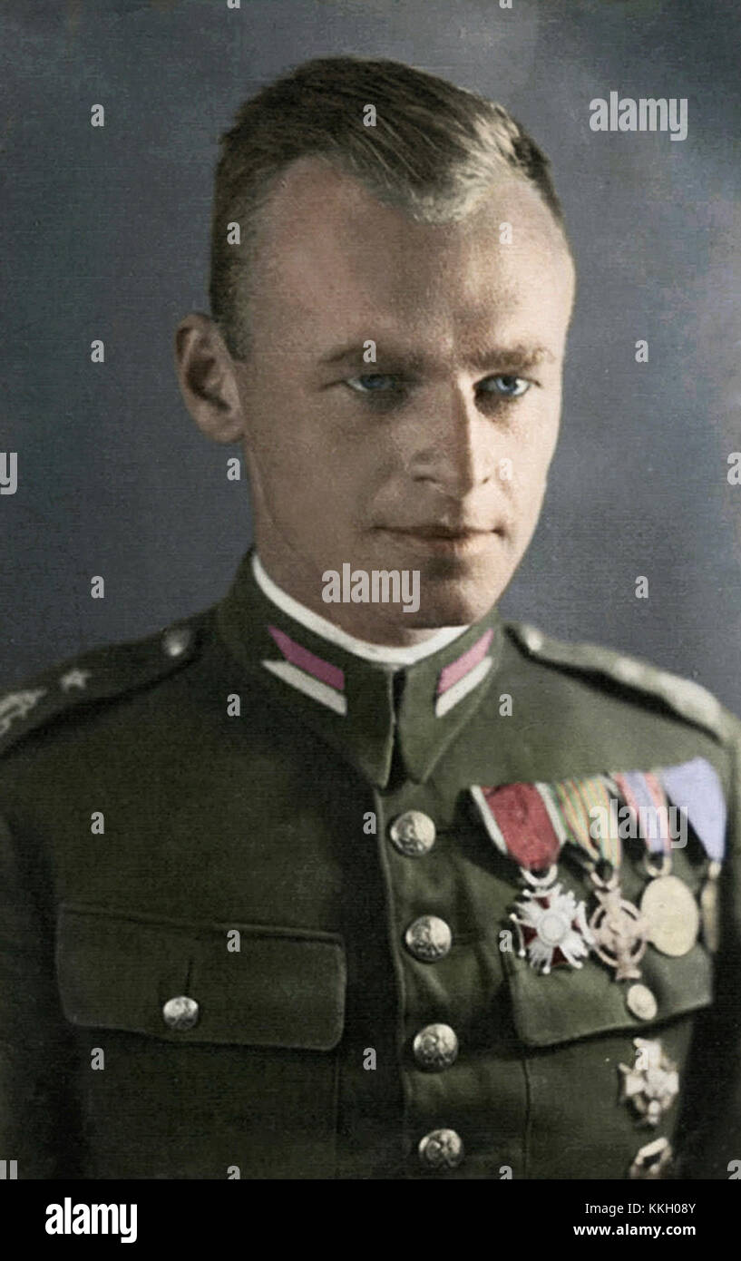 Witold Pilecki, ein polnischer Widerstandskämpfer und Kriegsheld, ist in diesem Bild farbig dargestellt und macht auf seine bedeutende Rolle im Zweiten Weltkrieg und seine heldenhaften Bemühungen in Auschwitz aufmerksam. Stockfoto