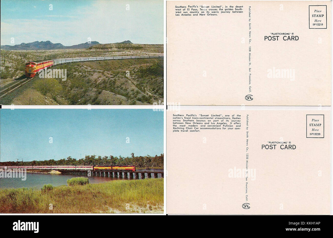 Ein Foto von Sunset Limited Diesellokomotiven, das diese legendären Züge zeigt, die der Southern Pacific Railroad dienten. Die Dieselmotoren waren ein wichtiger Bestandteil des amerikanischen Bahnverkehrs Mitte des 20. Jahrhunderts. Stockfoto