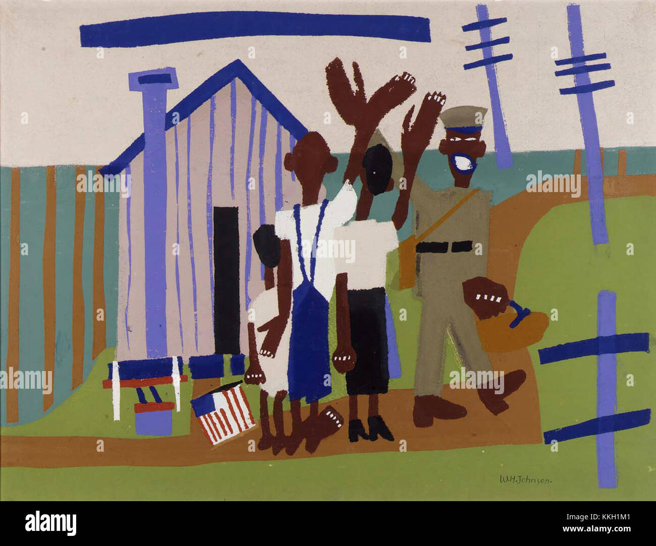 Das Gemälde „Off to war“ von William H. Johnson fängt die emotionalen Auswirkungen des Krieges ein und zeigt die Kämpfe und Widerstandsfähigkeit der Soldaten. Das Werk ist bekannt für seinen expressiven Stil und die Reflexion afroamerikanischer Erfahrungen während des Krieges. Stockfoto