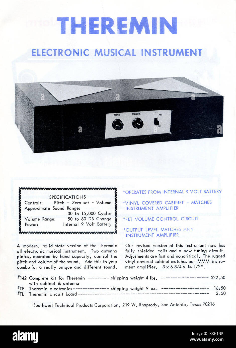 Der SWTPC-Katalog von 1969 (Southwest Technical Products Corporation) zeigt die elektronischen Produkte des Unternehmens, einschließlich verschiedener Kits und Komponenten für Elektronikbegeisterte und Hobbyisten, und hebt den Beitrag der companyâ für die Technologiebranche im späten 20. Jahrhundert hervor. Stockfoto