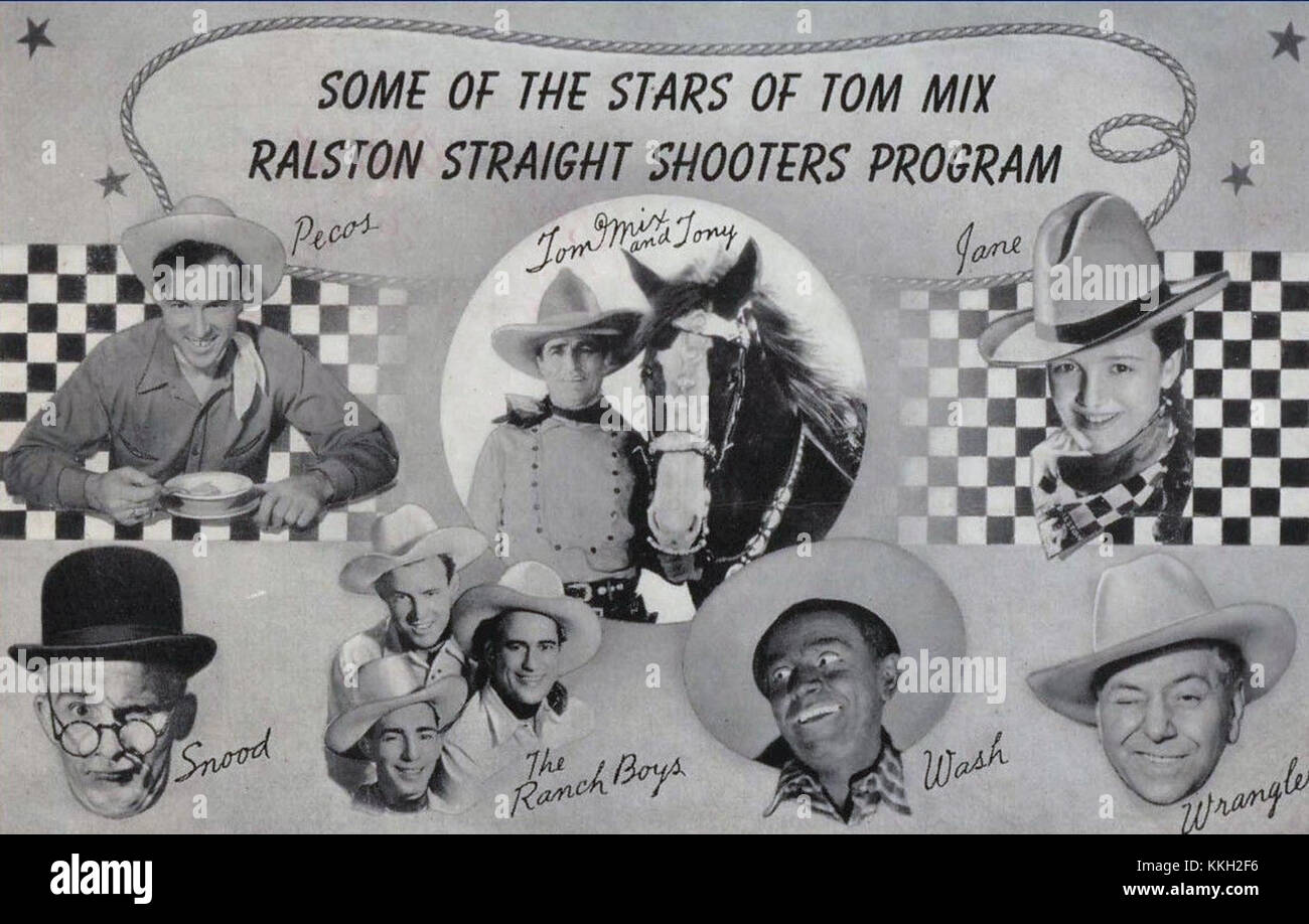 Die Tom Mix Radio Show, die 1941 ausgestrahlt wurde, zeigte den legendären Western-Star in einer populären Radioserie. Diese Show brachte dem Publikum den Nervenkitzel des westlichen Abenteuers durch Geschichten und charaktergesteuertes Drama. Stockfoto