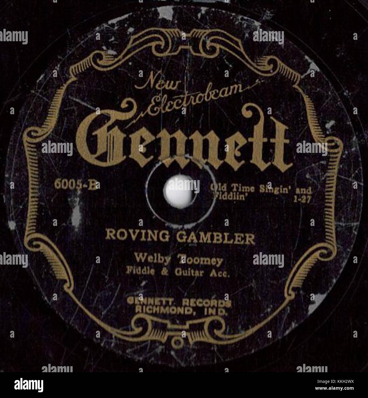 Gennett 6005 B ist ein Album des US-amerikanischen Labels Gennett Records aus dem frühen 20. Jahrhundert. Roving Gambler ist ein bemerkenswerter Track aus dieser Veröffentlichung, der Elemente des frühen Jazz und der amerikanischen Folk-Musik enthält, die den Geist der Ära einfangen. Stockfoto
