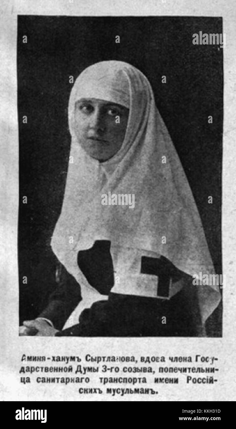 Amina Hanum Syrtlanoff war eine prominente Persönlichkeit in der russischen Gesellschaft des frühen 20. Jahrhunderts, bekannt für ihre kulturellen und philanthropischen Aktivitäten. Sie spielte eine einflussreiche Rolle in sozialen Kreisen und war während ihrer Zeit eine bedeutende Persönlichkeit in Russland. Stockfoto