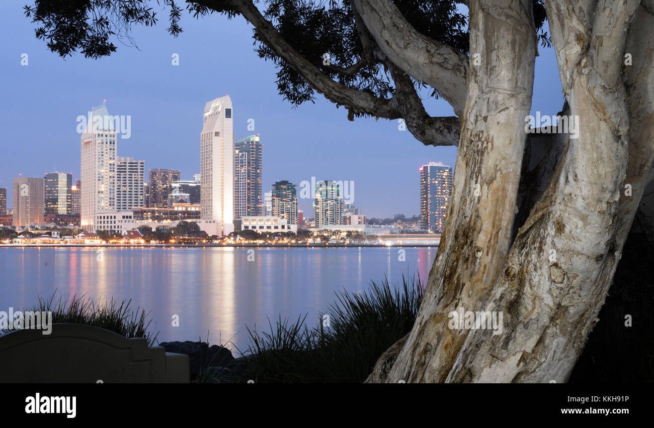 Die Nacht auf San Diego Kalifornien wie die Bucht spiegelt Beleuchtung von Gebäuden in der Innenstadt Stockfoto