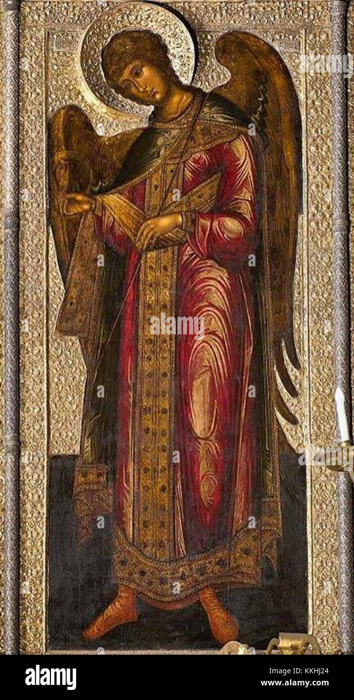 Der IV. Erzengel Gabriel bezieht sich auf eine Darstellung des Erzengels Gabriel, einer wichtigen Figur in der religiösen Ikonographie. Gabriel ist traditionell als Botschafter christlicher, jüdischer und islamischer Traditionen bekannt und wird in der Kunst oft als göttliche Botschaften dargestellt. Stockfoto