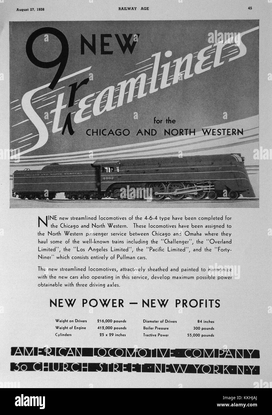 Die Alco CNW Class E-4 Lokomotiven waren eine Reihe leistungsstarker dieselelektrischer Motoren, die von der Chicago and North Western Railway verwendet wurden. Diese Lokomotiven waren Mitte des 20. Jahrhunderts für ihre Zuverlässigkeit und Effizienz im Personenverkehr bekannt. Stockfoto