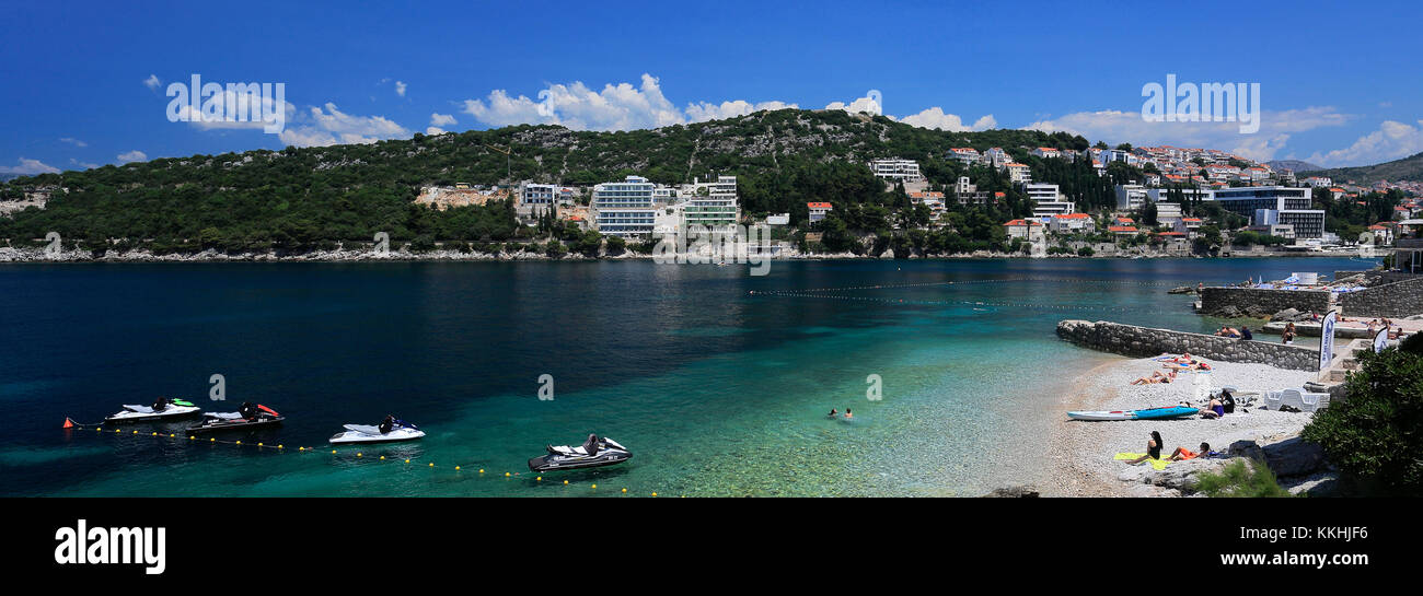 Sommer Blick über die Bucht von Lapad Lapad Strand, Stadt, Dubrovnik, Dalmatinische Küste, Adria, Kroatien, Europa. Stockfoto