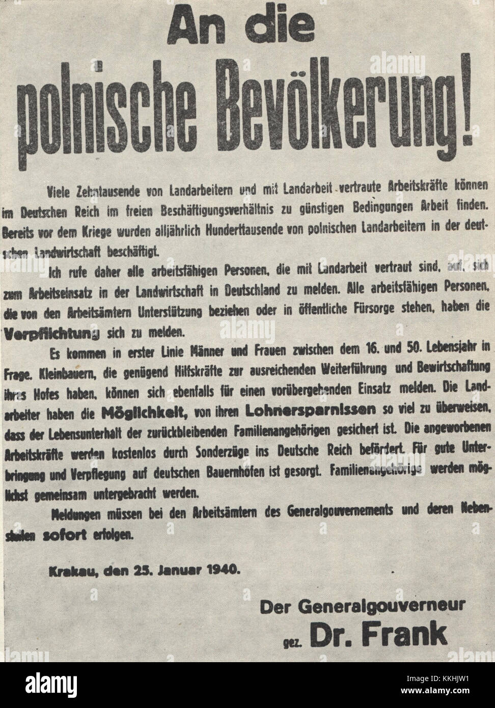 Dies ist eine deutsche Version einer Proklamation von Hans Frank, dem Generalgouverneur der Nazis von Polen, die im Januar 1940 an polnische Bauern ausgegeben wurde. Das Dokument spiegelt die Unterdrückungspolitik des NS-Regimes während des Zweiten Weltkriegs wider Stockfoto