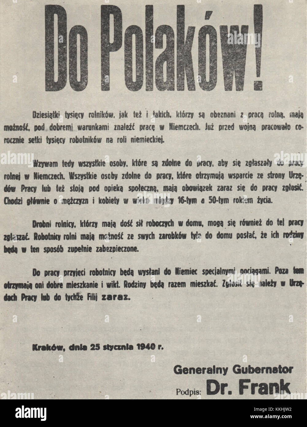 Ein historisches Dokument aus dem Januar 1940, in dem Hans Frank, ein Nazi-Beamter, eine Proklamation an polnische Bauern ausgab. Diese Erklärung beschreibt die Politik, die die Landwirtschaft während der Besetzung Polens im Zweiten Weltkrieg beeinflusste Stockfoto