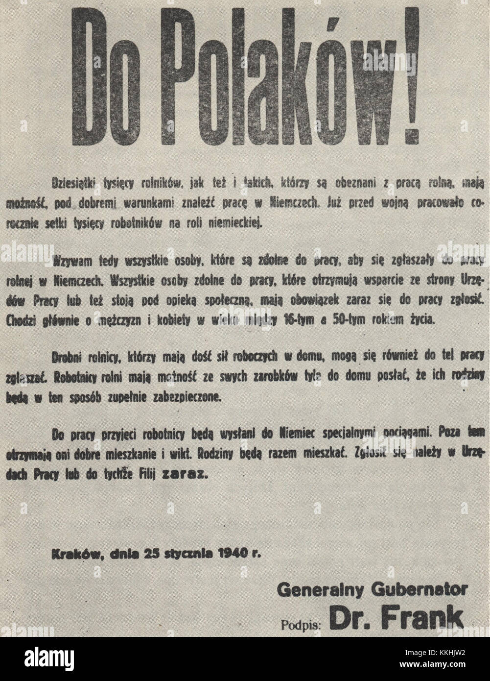 Hans Frank Proklamation an die polnischen Bauern vom Januar 1940 (PL-Version) Stockfoto